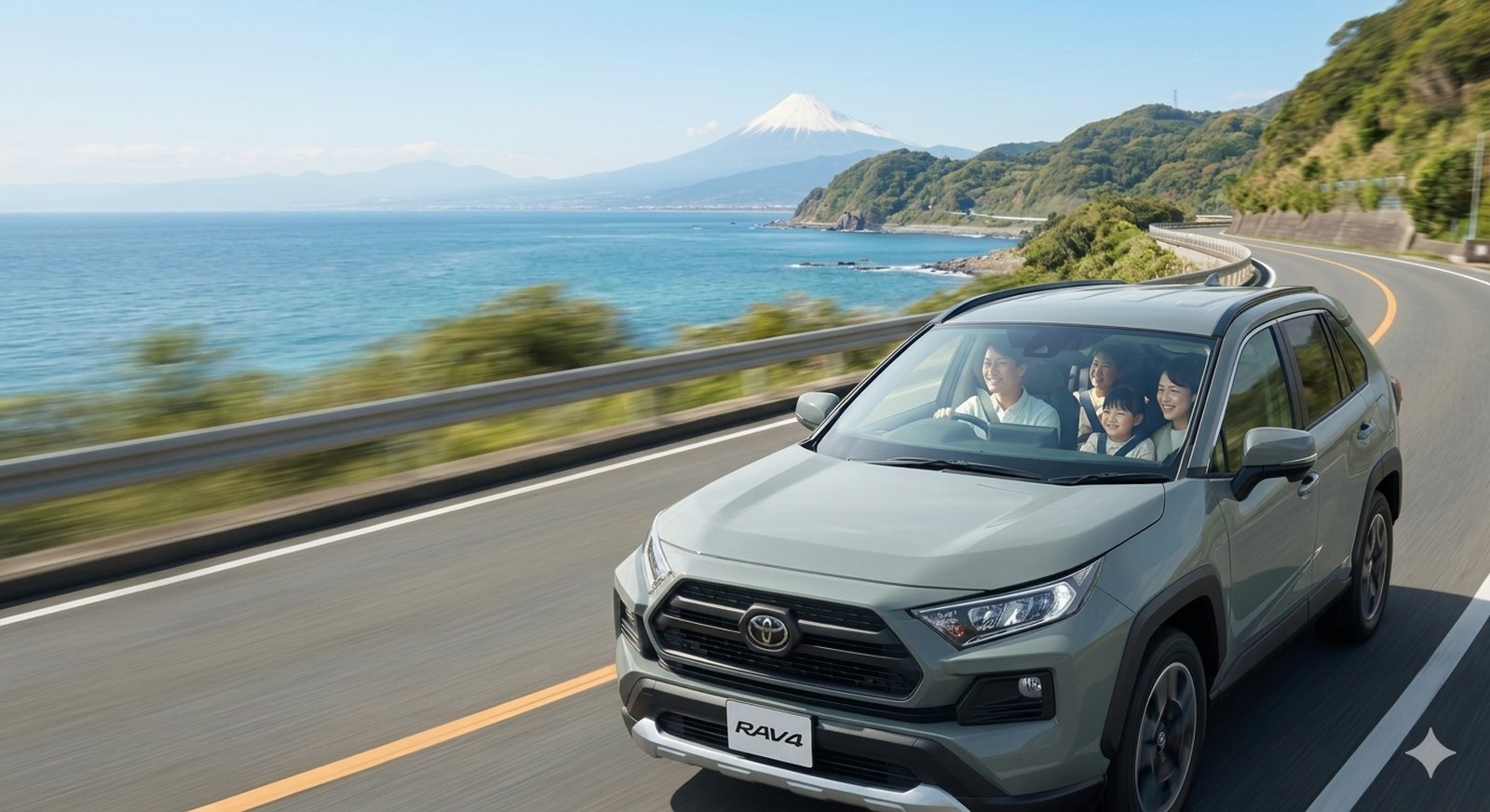 海沿いの道をご家族でドライブする様子