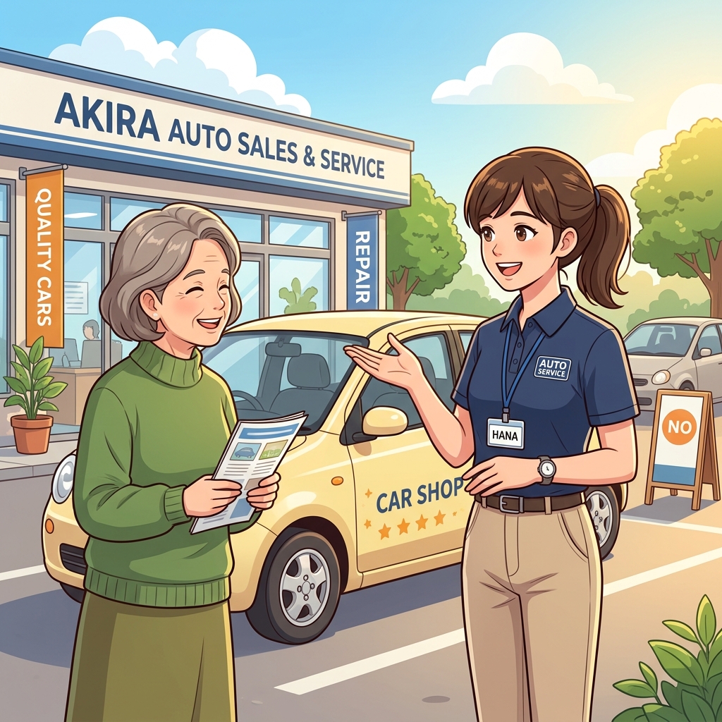 笑顔で寄り添う女性スタッフと赤い車